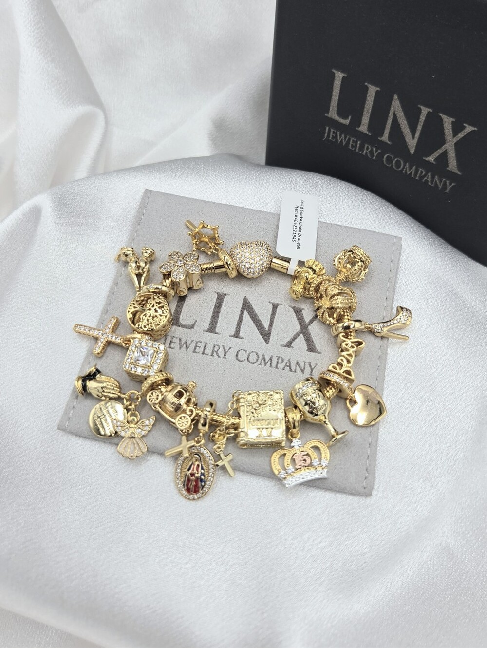 Linx Gold Snake Chain Bracelet With Religious Quinceanera 15th Birthday Charms